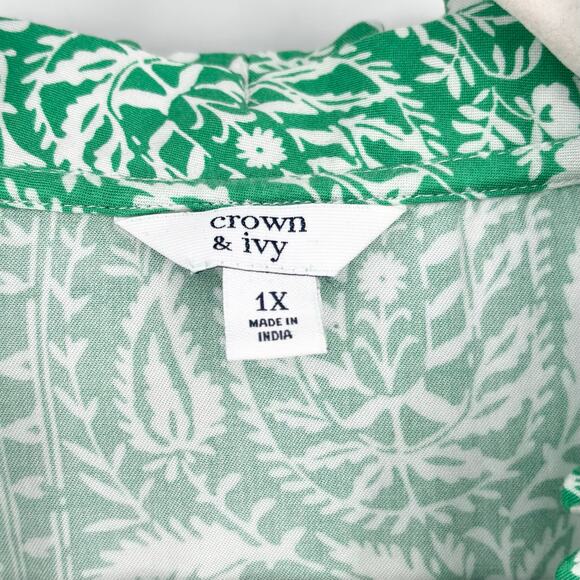 Crown & Ivy Green and White Floral Paisley Ruffle Collar Top Size 1X - Picture 5 of 6